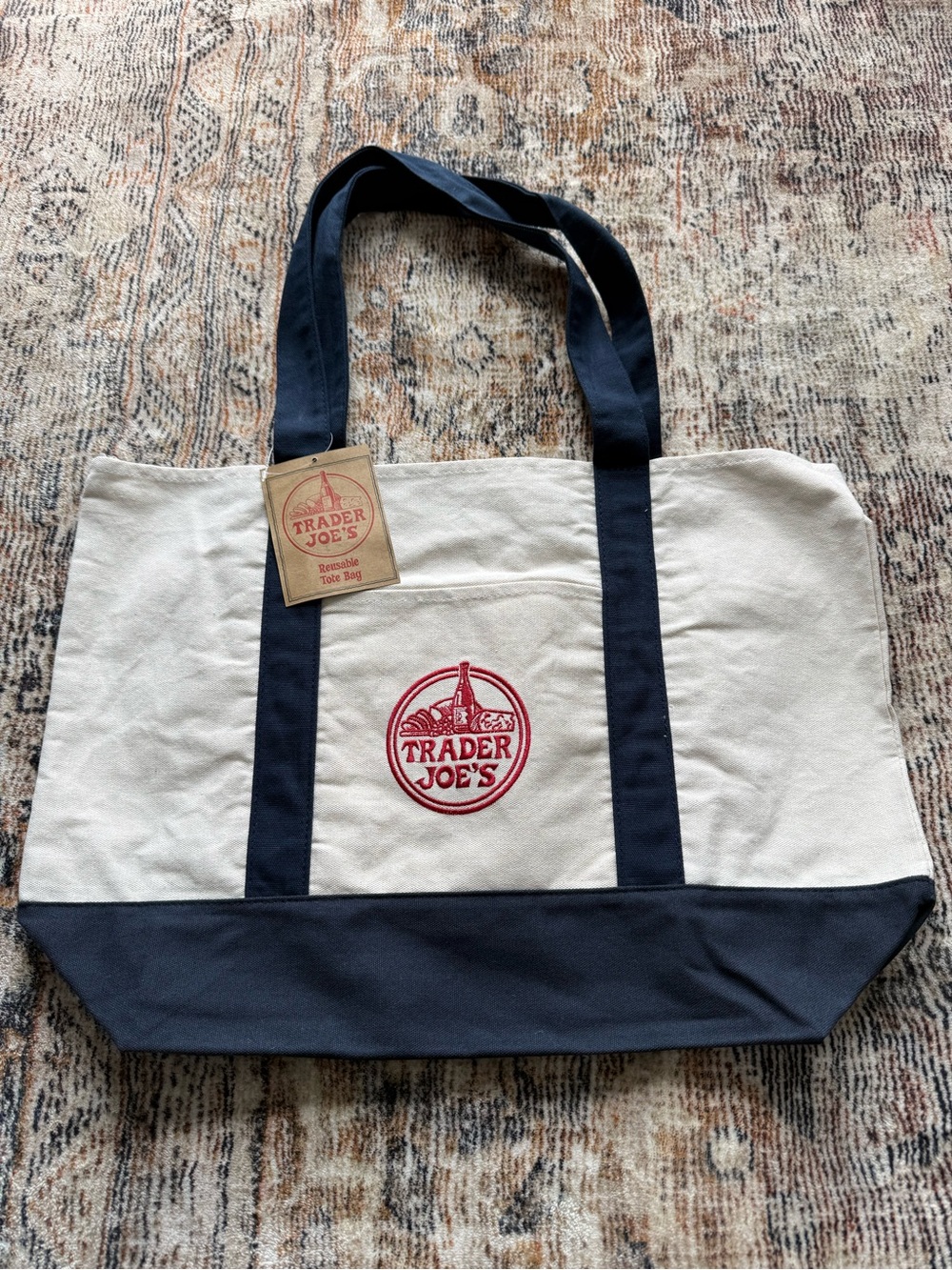 Trader Joe's Canvas Tote Bag in Natural with Navy Accents